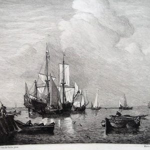CALM SEA Ships Boats 3-Mast Schooner by van de Velde - 1873 Original Etching Print by Madame Louveau