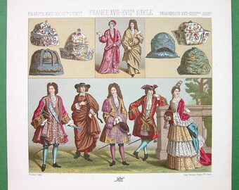FRANCE Baroque Era Fashion Dresses of Royal Court Bonnets Hand Warmers - 7.5" x 8.5" 1878 COLOR Lithograph Print by A. Racinet