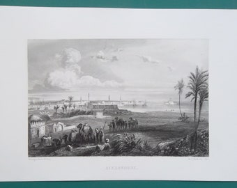 EGYPT View of Alexandria - 1863 Original Antique Intaglio Print