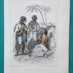 COSTUME Fashion Natives of Burma Burmese Girl Java Indonesia  - 1850 COLOR Antique Print Intaglio Engraving Ethnography