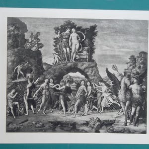 May include: Black and white print of a classical scene with figures in various poses. The artwork depicts a group of people, some dancing, others standing near a winged horse. The print has a detailed, historical style, with a focus on human forms and landscape elements.