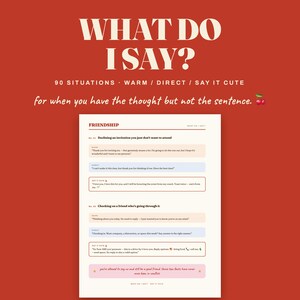 May include: A digital guide titled WHAT DO I SAY? with 90 situations, featuring sections on friendship, declining invitations, and checking on friends. The text is set against a deep red background with a small cherry icon near the subtitle.
