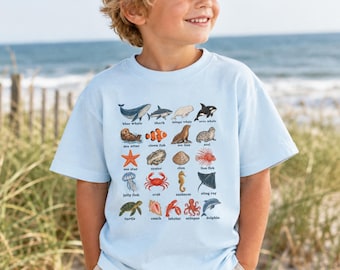 Kids Marine Life Shirt, Vintage Ocean Animal Chart Tee, Comfort Colors Youth T-Shirt