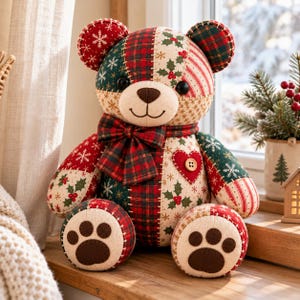 May include: A plush teddy bear constructed from patchwork fabric featuring red, green, and cream patterns of snowflakes, holly leaves, and plaid. The bear has a dark brown nose, black eyes, a plaid bow tie, and a red heart patch with a button.