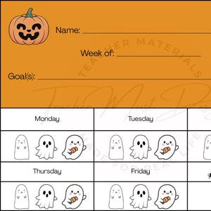 May include: A rectangular orange and white weekly planner sheet featuring a smiling pumpkin icon at the top left. It includes lines for Name, Week of, and Goal(s). The grid displays days from Monday to Friday with ghost icons and a Notes section with spiders.