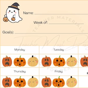 May include: A weekly planner sheet with a light orange background featuring a cartoon ghost wearing a witch hat. It includes fields for Name, Week of, and Goal(s), plus a grid for Monday through Friday and a Notes section with pumpkin icons.