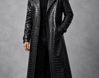 Men’s Croc Embossed Leather Trench Coat, Gothic Black Long Overcoat, Crocodile Jacket, Luxury Alternative Outerwear, Statement Coat for Men