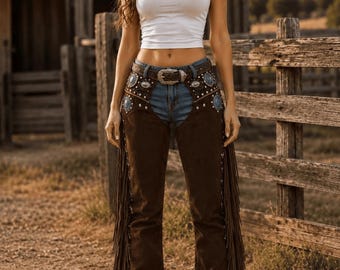 Women's Handmade Cowgirl Chaps | Genuine Buckskin Suede Leather Pants | Western Rodeo Fringe Chaps | Unique Gifts for Her