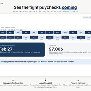 Puede incluir: Un panel financiero digital titulado See the tight paychecks coming, que muestra un calendario anual de pagos con celdas azules y azul claro, una alerta para el 27 de febrero y un saldo de reserva de $7,006 con texto explicativo.