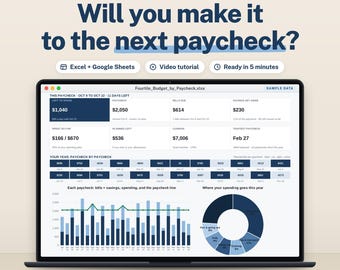 Paycheck Budget Spreadsheet, Biweekly Bill Planner with Left to Spend Dashboard, Excel Google Sheets