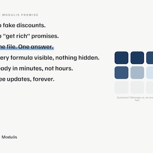May include: A white graphic featuring the text The Modulis Promise, No fake discounts, No get rich promises, One file. One answer., Every formula visible, nothing hidden., Ready in minutes, not hours., Free updates, forever., and a grid of nine blue squares.