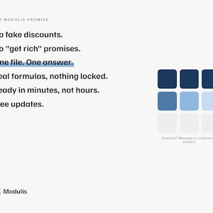 Puede incluir: Un gr&aacute;fico con el texto THE MODULIS PROMISE, No fake discounts, No get rich promises, One file. One answer., Real formulas, nothing locked., Ready in minutes, not hours., Free updates., y una cuadr&iacute;cula de nueve cuadrados azules.