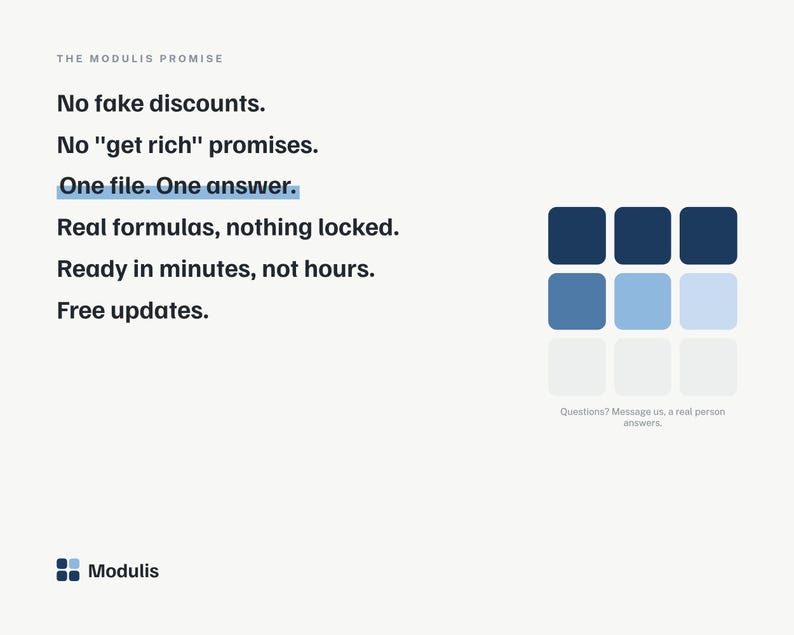 Puede incluir: Un gr&aacute;fico con el texto THE MODULIS PROMISE, No fake discounts, No get rich promises, One file. One answer., Real formulas, nothing locked., Ready in minutes, not hours., Free updates., y una cuadr&iacute;cula de nueve cuadrados azules.