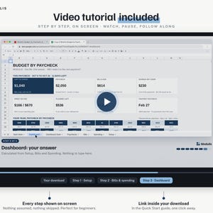 Puede incluir: Una interfaz de hoja de c&aacute;lculo de presupuesto digital titulada Budget by Paycheck mostrada en una pantalla. El panel presenta campos de datos financieros, un bot&oacute;n de reproducci&oacute;n central para un tutorial en video y pesta&ntilde;as de navegaci&oacute;n.