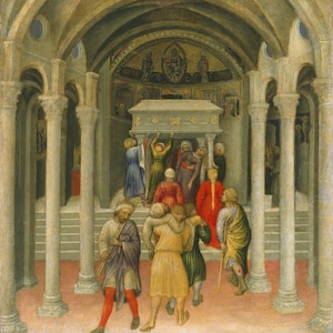 May include: A painting depicting a group of figures in medieval attire inside a stone cathedral with arched columns. Several individuals carry a person toward a raised stone altar, while others stand nearby under a vaulted ceiling with religious art.