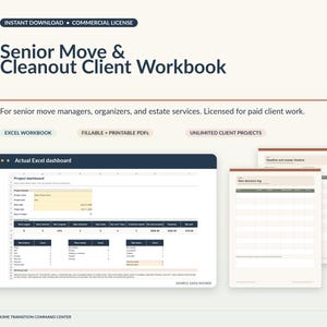 May include: Senior Move & Cleanout Client Workbook digital template featuring an Excel dashboard with project tracking metrics, alongside printable PDF pages for item decision logs and timelines, designed for professional move management.