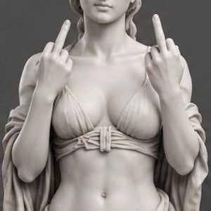Peut inclure: Un buste sculpté en blanc mat représentant une personne aux cheveux ondulés, vêtue d'un haut drapé et d'une étoffe nouée à la taille. La figure est représentée avec les deux mains levées, les majeurs tendus, dans une finition monochrome lisse.