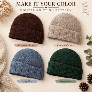Puede incluir: Cuatro gorros tejidos en marrón chocolate, crema avena, azul polvoriento y verde bosque. El texto dice: MAKE IT YOUR COLOR DIGITAL KNITTING PATTERN. Knit Create Wear Repeat. Cada gorro presenta un borde acanalado y un patrón de tejido.
