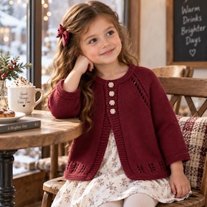 May include: A deep burgundy long-sleeved knit cardigan featuring a round neckline, four decorative buttons down the front, and a subtle eyelet pattern along the hem and shoulders, worn over a white dress with a small floral print.