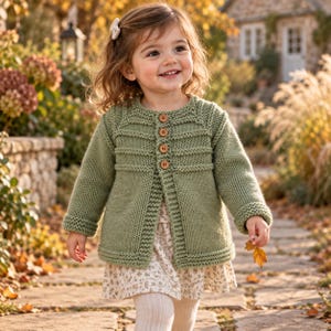 May include: A sage green knitted cardigan featuring a round neckline, long sleeves, and a front button closure with four brown wooden buttons. The garment has a textured knit pattern across the chest and ribbed edges along the hem and cuffs.