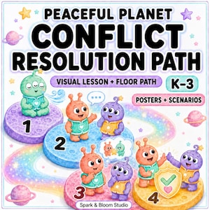 May include: A Peaceful Planet Conflict Resolution Path educational poster for grades K-3. It features colourful cartoon aliens on numbered circular platforms, a rainbow path, and text including Visual Lesson, Floor Path, Posters, and Scenarios.