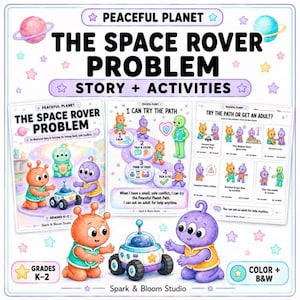 Op de afbeelding: Een digitaal educatief hulpmiddel getiteld The Space Rover Problem met kleurrijke illustraties van oranje en paarse buitenaardse personages, een ruimterover-speelgoed en activiteitenbladen voor groep K-2 met besluitvormingstaken.