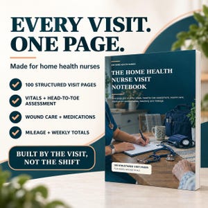 May include: A dark teal notebook titled The Home Health Nurse Visit Notebook, featuring 100 structured pages for vitals, head-to-toe assessments, wound care, medications, and mileage. The cover displays text including Every Visit. One Page. and Built By The Visit, Not The Shift.