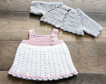 Ensemble robe et pull au crochet pour bébé, taille 0-3 mois