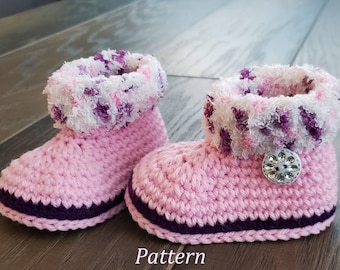 Patrón de botitas de bebé a crochet: Botas de niña con ribete de pelo (Patrón PDF)