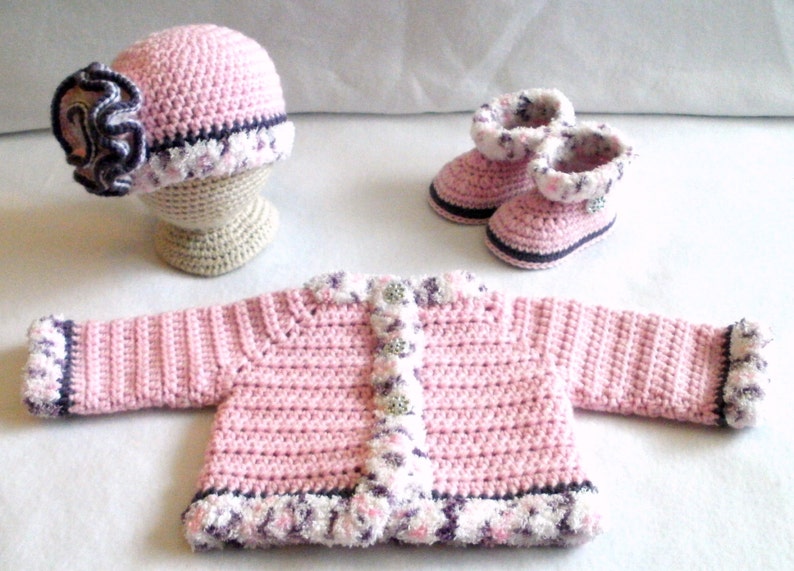 Crocheted Baby Girl/'s Sweater Set Crocheted Pink Baby Girls Layette Crocheted Pink Baby Hat Sweater and Booties Baby Girl/'s Set