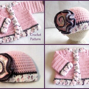 May include: A pink crocheted baby jacket and hat set with a brown and white trim. The hat has a large pink and brown flower with a rhinestone in the center. The jacket has a button closure and a matching flower on the front. Crochet Pattern.