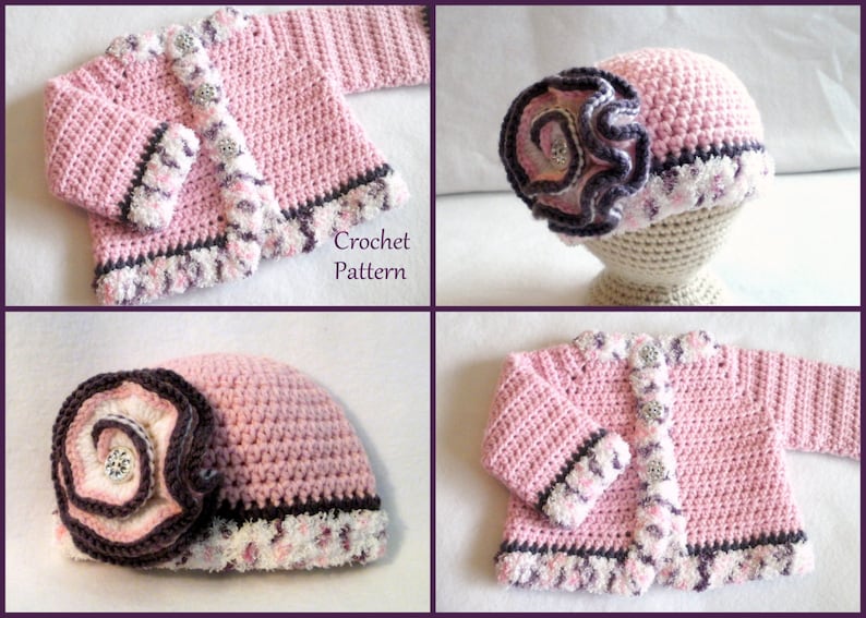 May include: A pink crocheted baby jacket and hat set with a brown and white trim. The hat has a large pink and brown flower with a rhinestone in the center. The jacket has a button closure and a matching flower on the front. Crochet Pattern.