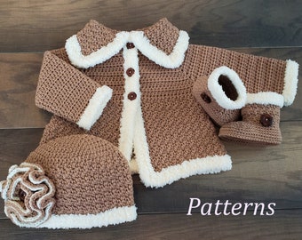 Patrón de suéter, patucos y gorro de bebé a crochet: estilo chenilla (Patrón PDF)