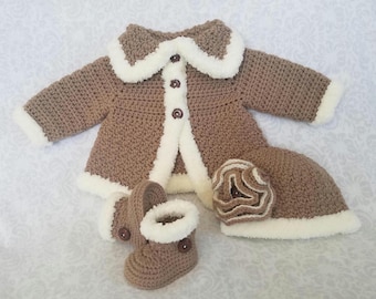 Patrón de suéter, botita y gorro de bebé a crochet: Hilo estilo chenilla (Patrón PDF)