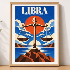 Libra Zodiac Wall Art, Retro Astrology Print, Balance Scales Poster, Blue Orange Star Sign Decor