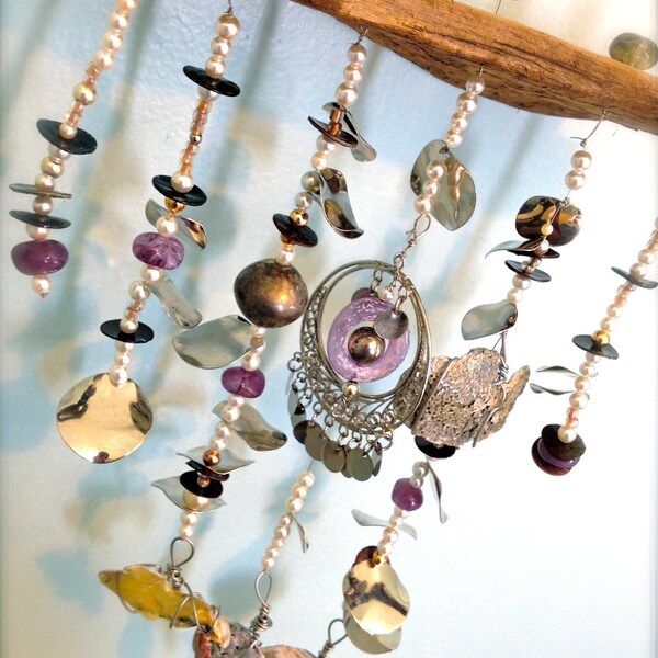 ABALONE MOBILE drift wood faux pearl bead shell purple mystic gypsy beauty wind CHIME