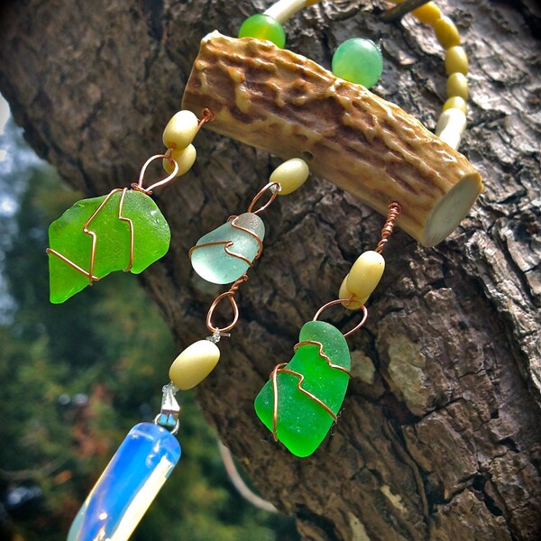 MINI ANTLER MOBILE beach glass gemstone pendant bead wind chime