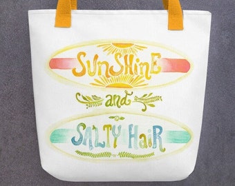 Sunshine and Salty Hair | Hawaiian Summer | Beach Tote bag |Watercolor Surfboard Surfer Girl