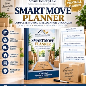 Könnte beinhalten: Ein druckbarer Umzugsplaner mit 28 Seiten. Das Cover zeigt einen Hauseingang mit Umzugskartons und einer Fußmatte mit der Aufschrift Good Things Move Here. Enthält Checklisten für Budget, Inventar und Adressänderungen im Format 8,5 x 11 Zoll.