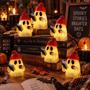 May include: Six small, glowing white ghost figurines, each wearing a red knit beanie with a pom-pom. Each ghost holds a miniature open book in one hand and a tiny red mug in the other. The ghosts are arranged on and around several stacked vintage books.