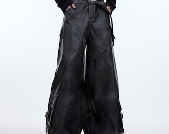 Pantalones cargo de cuero gótico estilo Y2K, pantalones anchos holgados, ropa técnica urbana para hombre