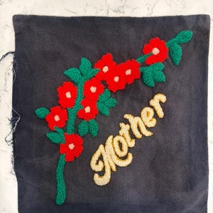 Vintage Punch Needle Embroidery Pillow Cover, Red Flowers, Mother Lettering (15 x 15.5 inches)