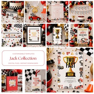 May include: A collection of customizable digital templates for a racing-themed birthday party, featuring a gold trophy graphic and the text 'TWO FAST' and 'JACK IS 2!'. The set includes party signs, favor tags, and invitations with checkered flag motifs.