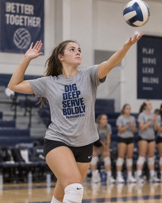 Volleyball player mid-serve in gym wearing Dig Deep Serve Boldly Colossians 3:23 tee