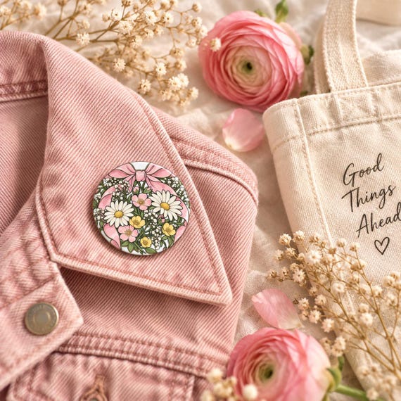 Coquette Bow & Wildflower Enamel Pin | Pink Ribbon, Daisies, Baby's Breath | Cottagecore Pin Gift