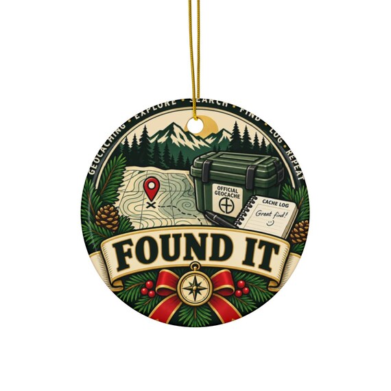 Geocaching ceramic ornament with Found It GPS cache log design product mockup