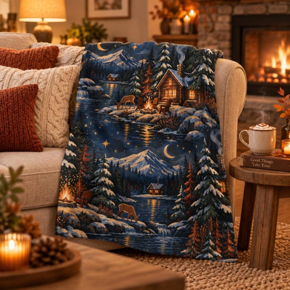 Cozy Cabin Campfire Throw Blanket draped over a couch in a warm living room