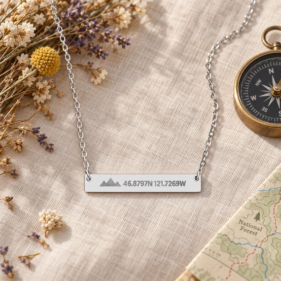 Custom GPS Coordinate Necklace, Mountain Bar Pendant, Laser-Engraved Hiking Gift (316L Stainless Steel)