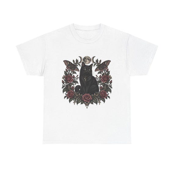Gothic black cat botanical moth moon dark academia t-shirt product mockup