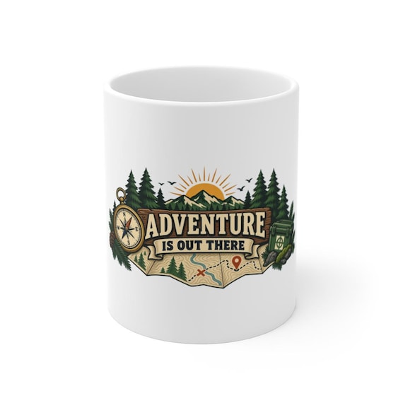 Geocaching mug with Adventure Is Out There compass map design product mockup